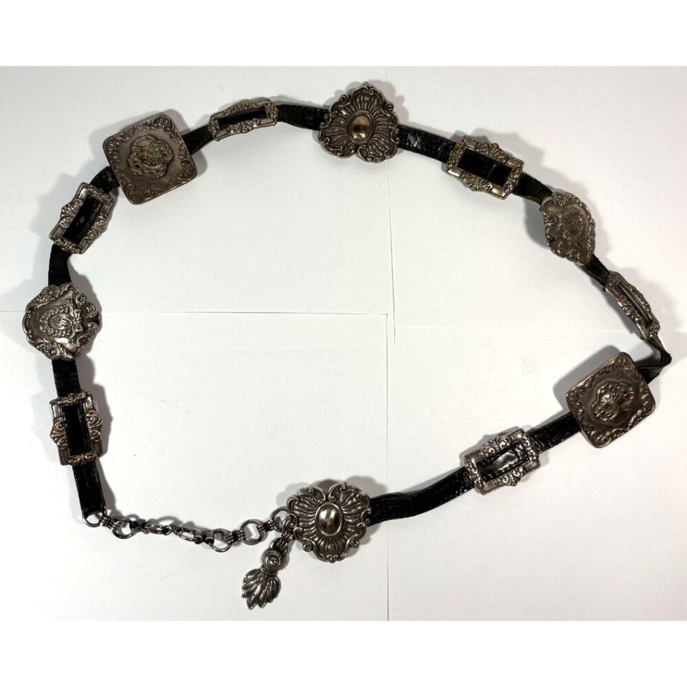 1993 Brighton Silver-Tone Cameo Concho Medallion Size M Black Leather Belt 41503